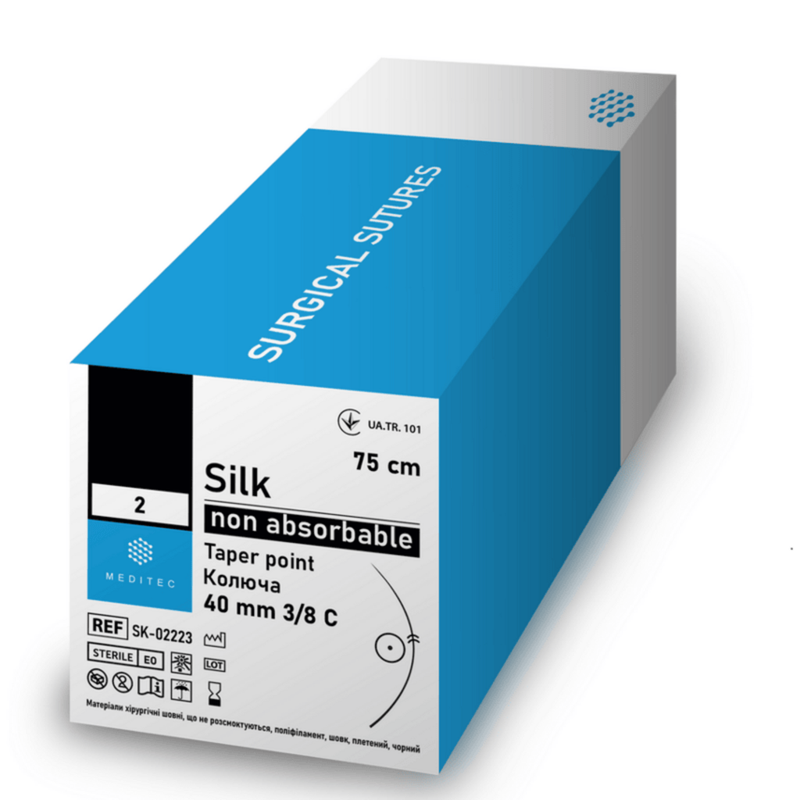 Шовк, USP3/0(М2), чорний, 75см, голка зворотньо-ріжуча 1х25мм, 3/8кола, SK-30227